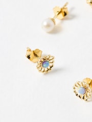 Oliver Bonas Gold Dervla Opalite Flower, Pearl & Hoops Gold Plated Earrings Set - Image 4 of 6