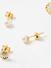 Oliver Bonas Gold Dervla Opalite Flower, Pearl & Hoops Gold Plated Earrings Set - Image 5 of 6