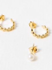 Oliver Bonas Gold Dervla Opalite Flower, Pearl & Hoops Gold Plated Earrings Set - Image 6 of 6