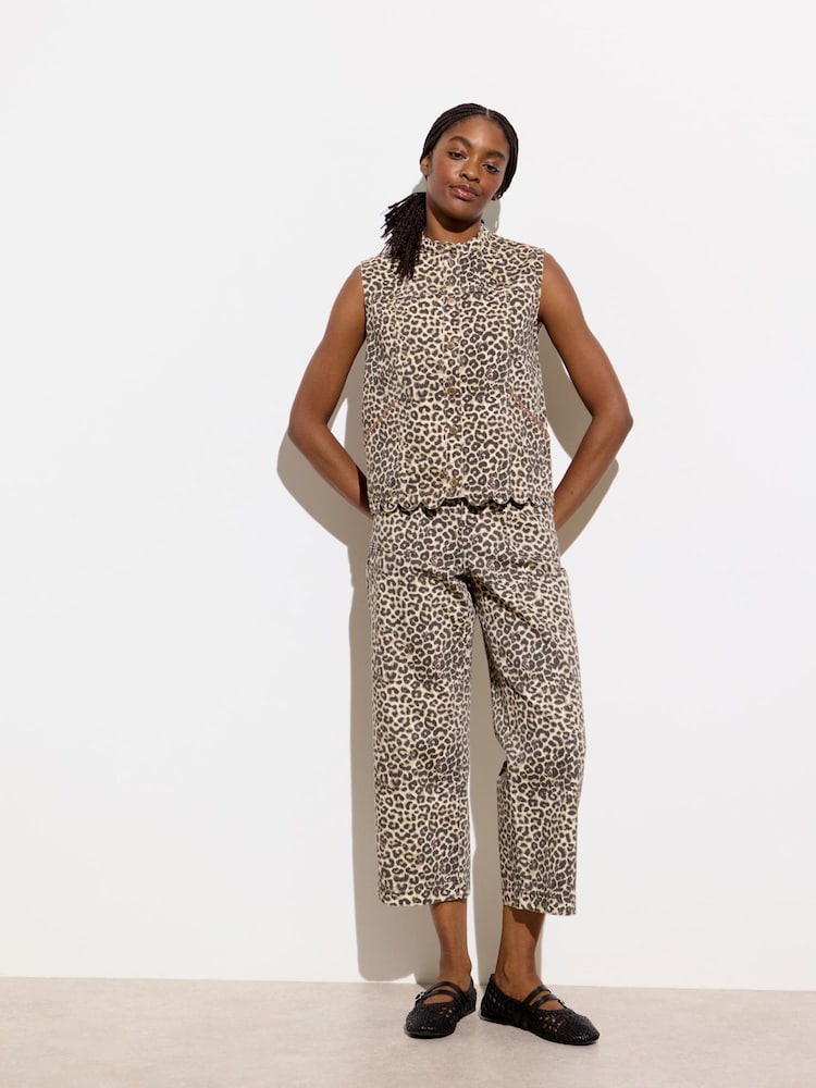 Oliver Bonas Brown 100% Cotton Leopard Print Scalloped Pocket Cropped Wide Leg Jeans - Image 1 of 7