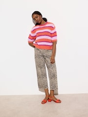 Oliver Bonas Brown 100% Cotton Leopard Print Scalloped Pocket Cropped Wide Leg Jeans - Image 2 of 7