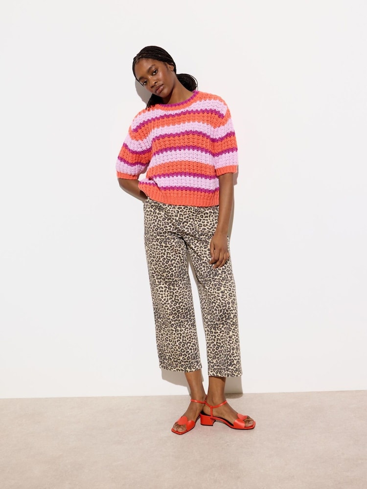 Oliver Bonas Brown 100% Cotton Leopard Print Scalloped Pocket Cropped Wide Leg Jeans - Image 2 of 7