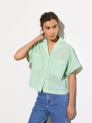 Oliver Bonas Green 100% Cotton Floral Broderie Boxy Shirt - Image 1 of 8