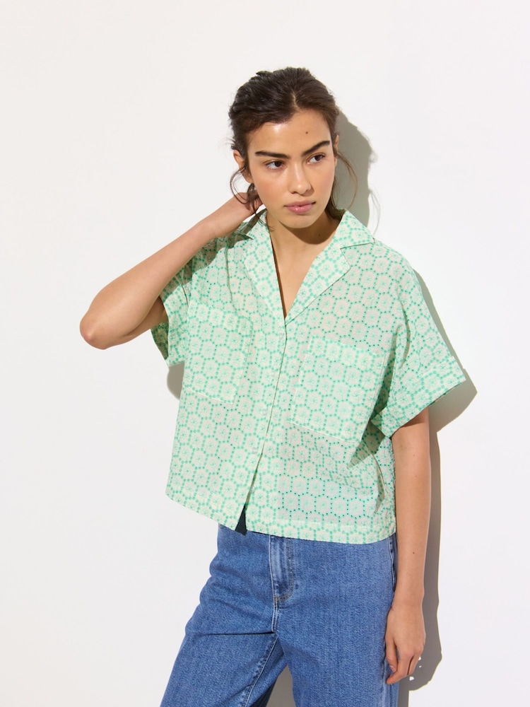 Oliver Bonas Green 100% Cotton Floral Broderie Boxy Shirt - Image 1 of 8