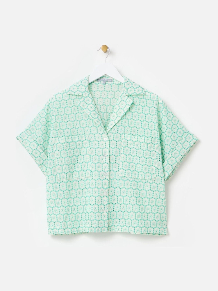 Oliver Bonas Green 100% Cotton Floral Broderie Boxy Shirt - Image 4 of 8