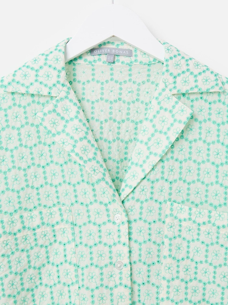 Oliver Bonas Green 100% Cotton Floral Broderie Boxy Shirt - Image 6 of 8