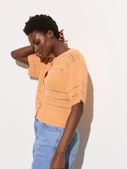 Oliver Bonas Orange Pointelle Short Sleeve Cardigan - Image 1 of 8