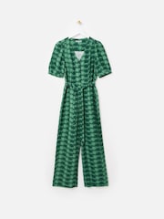 Oliver Bonas Green Geometric Circle V-Neck Tie Waist Jumpsuit - Image 1 of 5