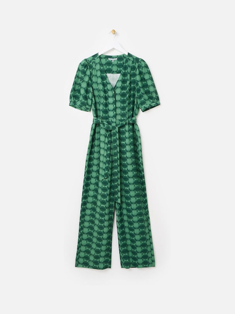 Oliver Bonas Green Geometric Circle V-Neck Tie Waist Jumpsuit - Image 1 of 5
