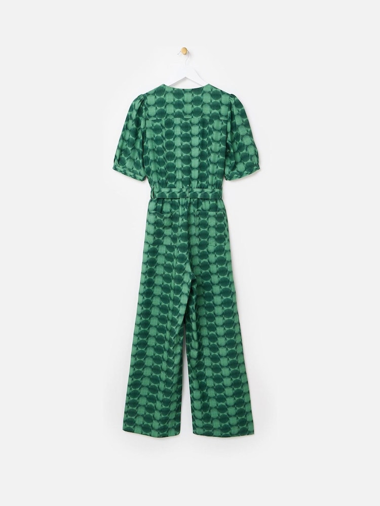 Oliver Bonas Green Geometric Circle V-Neck Tie Waist Jumpsuit - Image 2 of 5