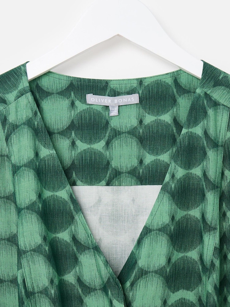 Oliver Bonas Green Geometric Circle V-Neck Tie Waist Jumpsuit - Image 3 of 5