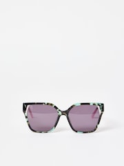 Oliver Bonas Green Faux Tortoiseshell Square Cat Eye Acetate Sunglasses - Image 1 of 5