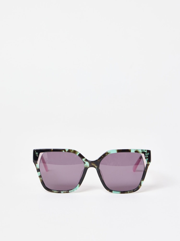 Oliver Bonas Green Faux Tortoiseshell Square Cat Eye Acetate Sunglasses - Image 1 of 5