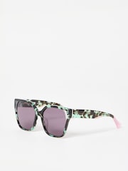 Oliver Bonas Green Faux Tortoiseshell Square Cat Eye Acetate Sunglasses - Image 2 of 5
