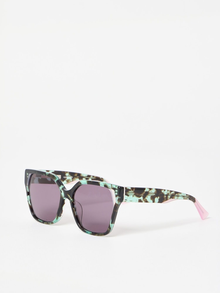Oliver Bonas Green Faux Tortoiseshell Square Cat Eye Acetate Sunglasses - Image 2 of 5