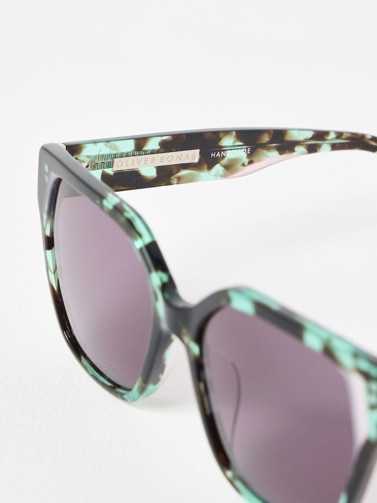 Oliver Bonas Green Faux Tortoiseshell Square Cat Eye Acetate Sunglasses - Image 5 of 5