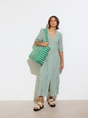 Oliver Bonas Green Gingham V-Neck Midi Dress - Image 1 of 7