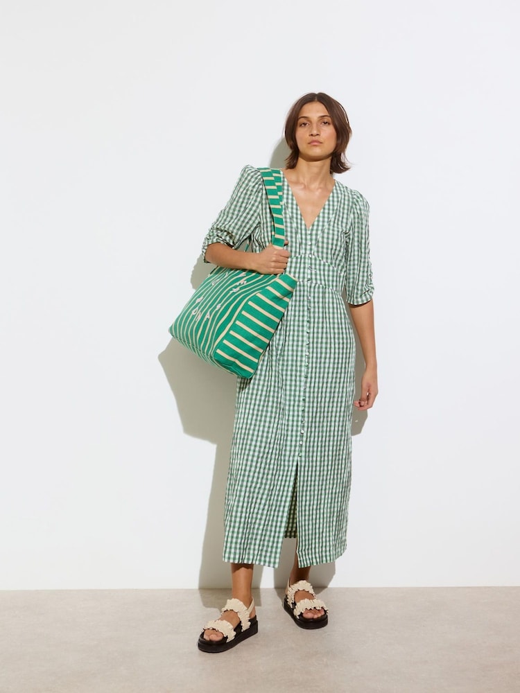 Oliver Bonas Green Gingham V-Neck Midi Dress - Image 1 of 7