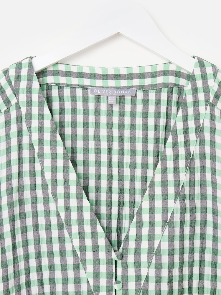 Oliver Bonas Green Gingham V-Neck Midi Dress - Image 5 of 7