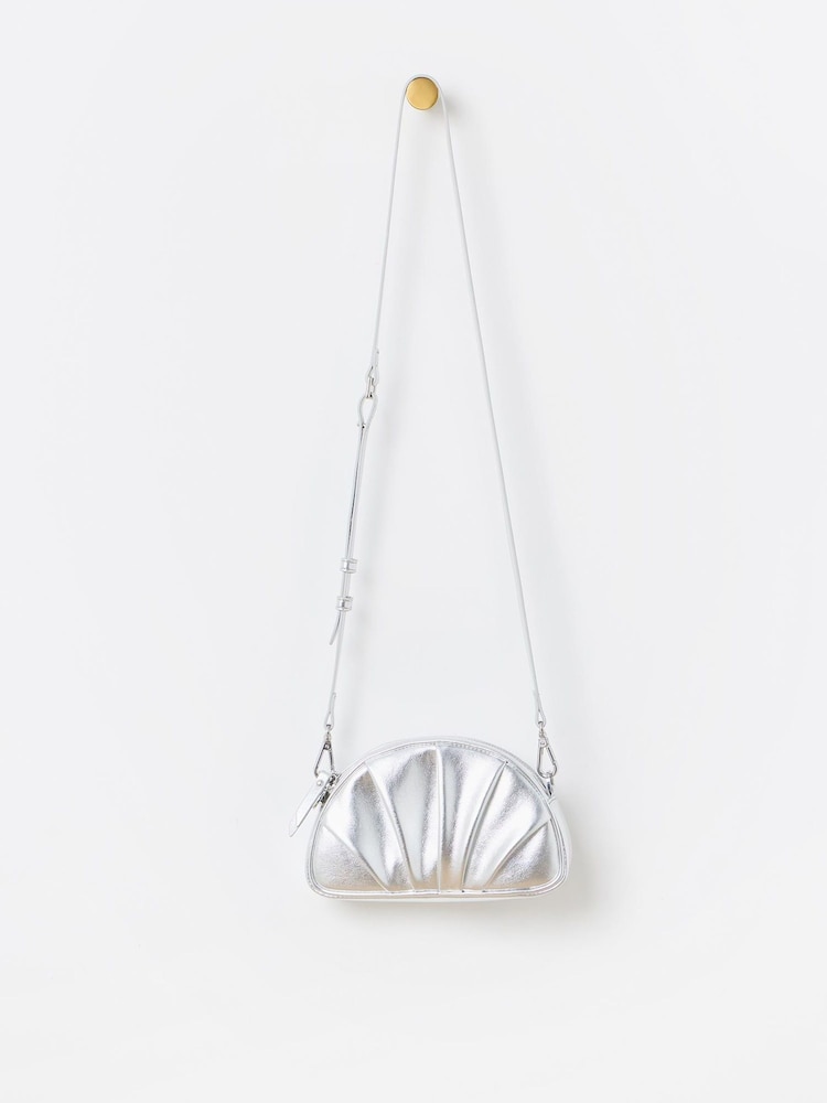 Oliver Bonas Silver Metallic Pleated Croissant Clutch Bag - Image 1 of 5 Oliver Bonas Silver Metallic Pleated Croissant Clutch Bag - Image 1 of 5