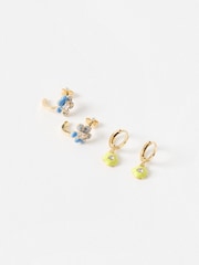Oliver Bonas Gold Ria Flower & Leaf Print Mismatch Hoops Earrings Set - Image 1 of 3