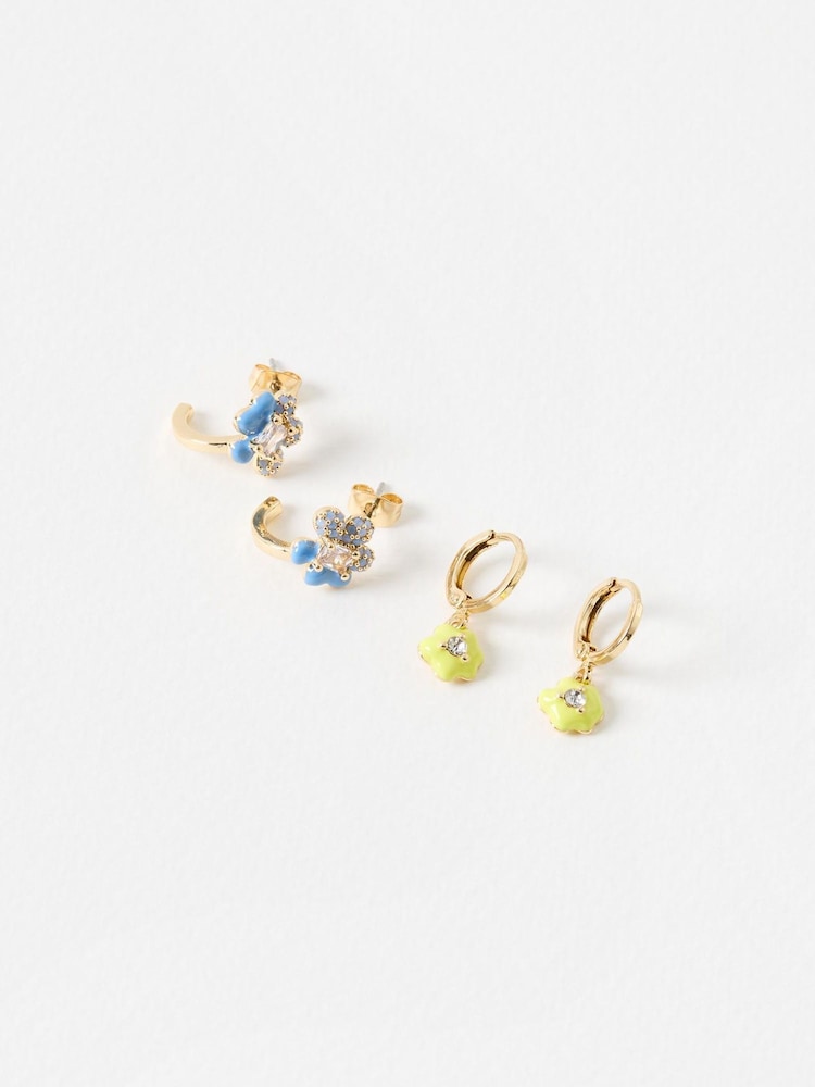 Oliver Bonas Gold Ria Flower & Leaf Print Mismatch Hoops Earrings Set - Image 1 of 3