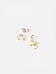 Oliver Bonas Gold Ria Flower & Leaf Print Mismatch Hoops Earrings Set - Image 2 of 3