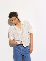 Oliver Bonas White Metallic Checked Flower Print Embroidered Blouse - Image 1 of 8