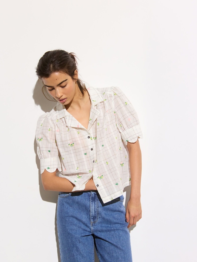 Oliver Bonas White Metallic Checked Flower Print Embroidered Blouse - Image 1 of 8