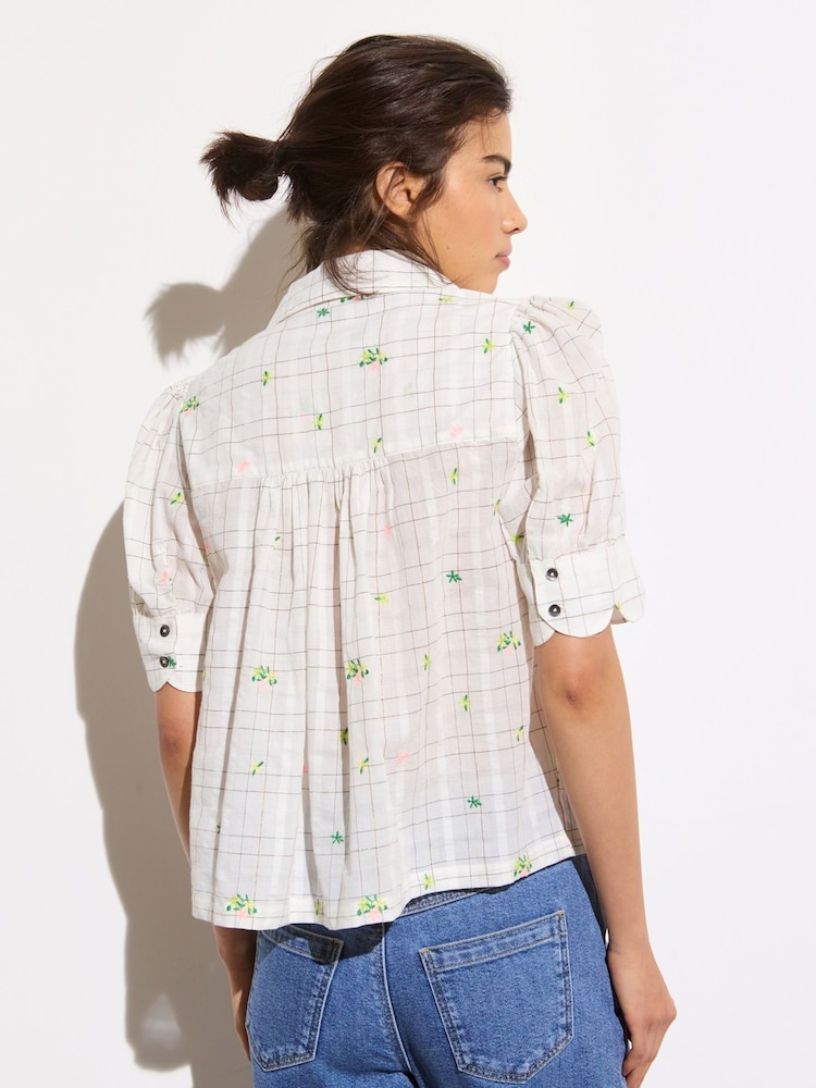 Oliver Bonas White Metallic Checked Flower Print Embroidered Blouse - Image 2 of 8