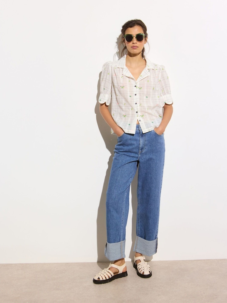 Oliver Bonas White Metallic Checked Flower Print Embroidered Blouse - Image 3 of 8