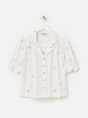 Oliver Bonas White Metallic Checked Flower Print Embroidered Blouse - Image 4 of 8