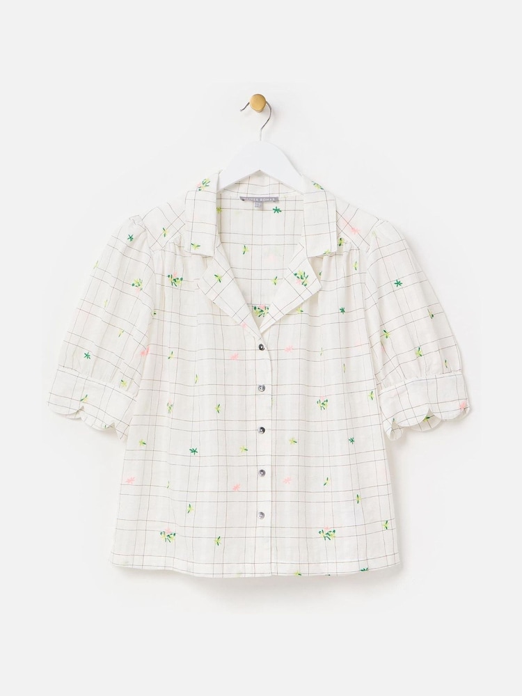 Oliver Bonas White Metallic Checked Flower Print Embroidered Blouse - Image 4 of 8