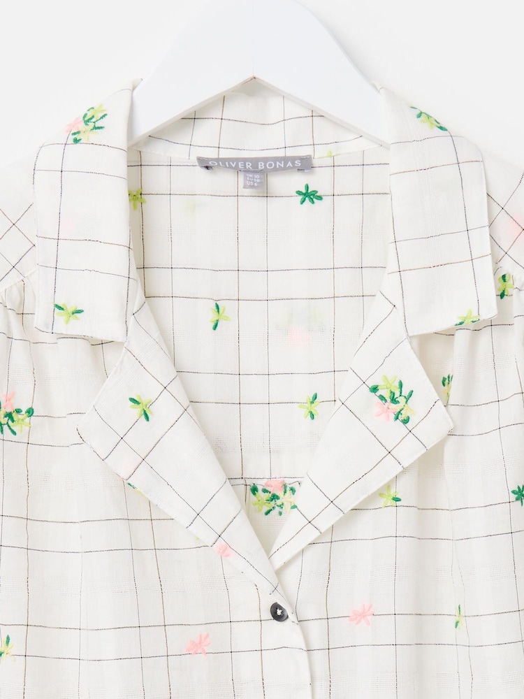 Oliver Bonas White Metallic Checked Flower Print Embroidered Blouse - Image 6 of 8