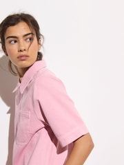 Oliver Bonas Pink 100% Cotton Washed  Denim Quarter Zip Mini Dress - Image 3 of 8