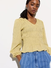 Oliver Bonas Yellow Checked Shirred V-Neck Top - Image 1 of 8