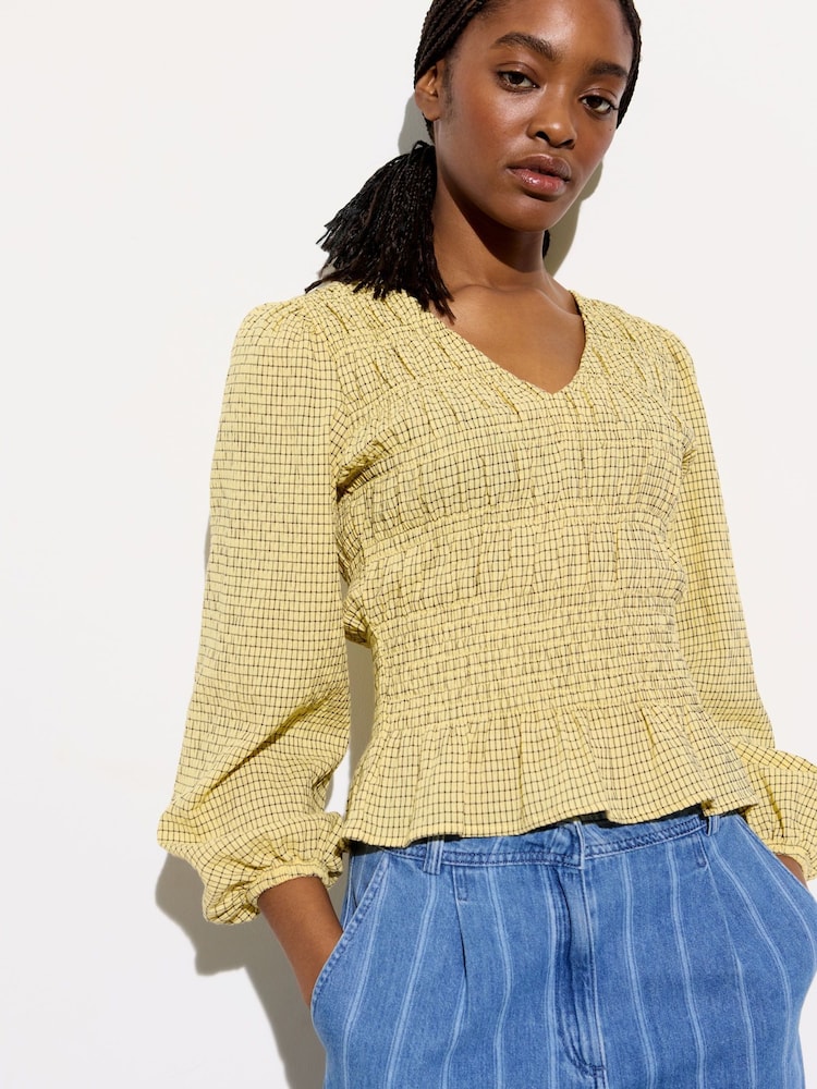 Oliver Bonas Yellow Checked Shirred V-Neck Top - Image 1 of 8