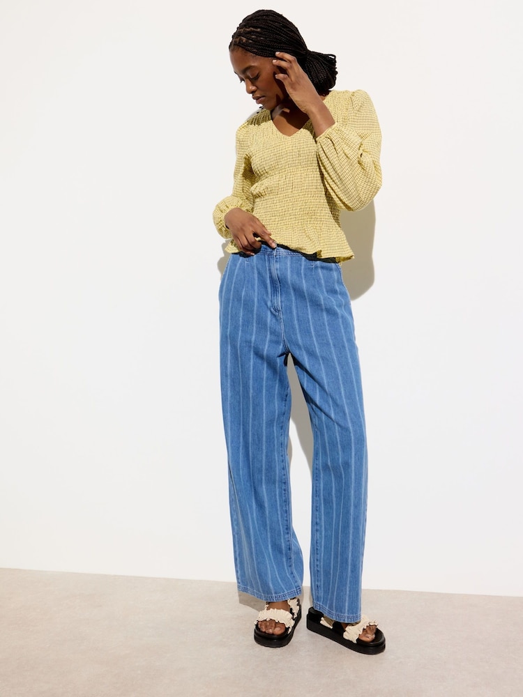 Oliver Bonas Yellow Checked Shirred V-Neck Top - Image 2 of 8