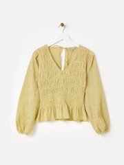 Oliver Bonas Yellow Checked Shirred V-Neck Top - Image 3 of 8