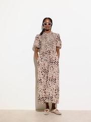 Oliver Bonas Brown 100% Cotton Leopard Print Shirred Bodice Puff Sleeve Midi Dress - Image 1 of 7