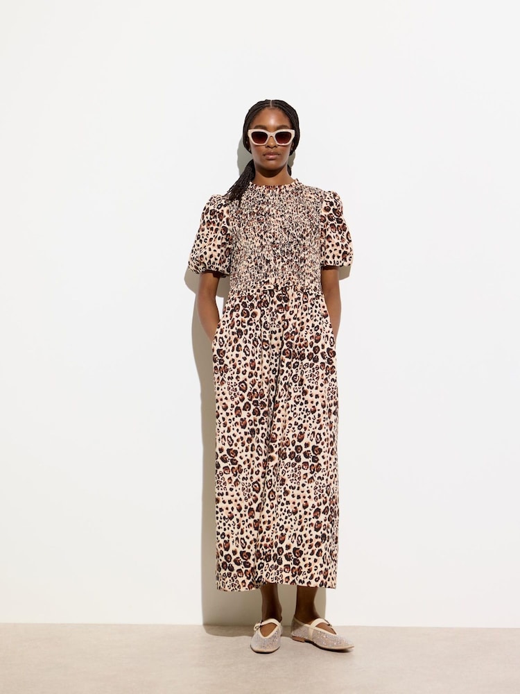 Oliver Bonas Brown 100% Cotton Leopard Print Shirred Bodice Puff Sleeve Midi Dress - Image 1 of 7