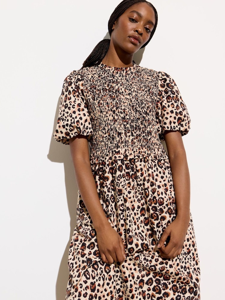 Oliver Bonas Brown 100% Cotton Leopard Print Shirred Bodice Puff Sleeve Midi Dress - Image 2 of 7