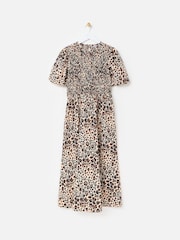 Oliver Bonas Brown 100% Cotton Leopard Print Shirred Bodice Puff Sleeve Midi Dress - Image 3 of 7