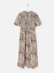 Oliver Bonas Brown 100% Cotton Leopard Print Shirred Bodice Puff Sleeve Midi Dress - Image 4 of 7