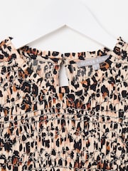 Oliver Bonas Brown 100% Cotton Leopard Print Shirred Bodice Puff Sleeve Midi Dress - Image 5 of 7