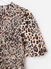 Oliver Bonas Brown 100% Cotton Leopard Print Shirred Bodice Puff Sleeve Midi Dress - Image 6 of 7
