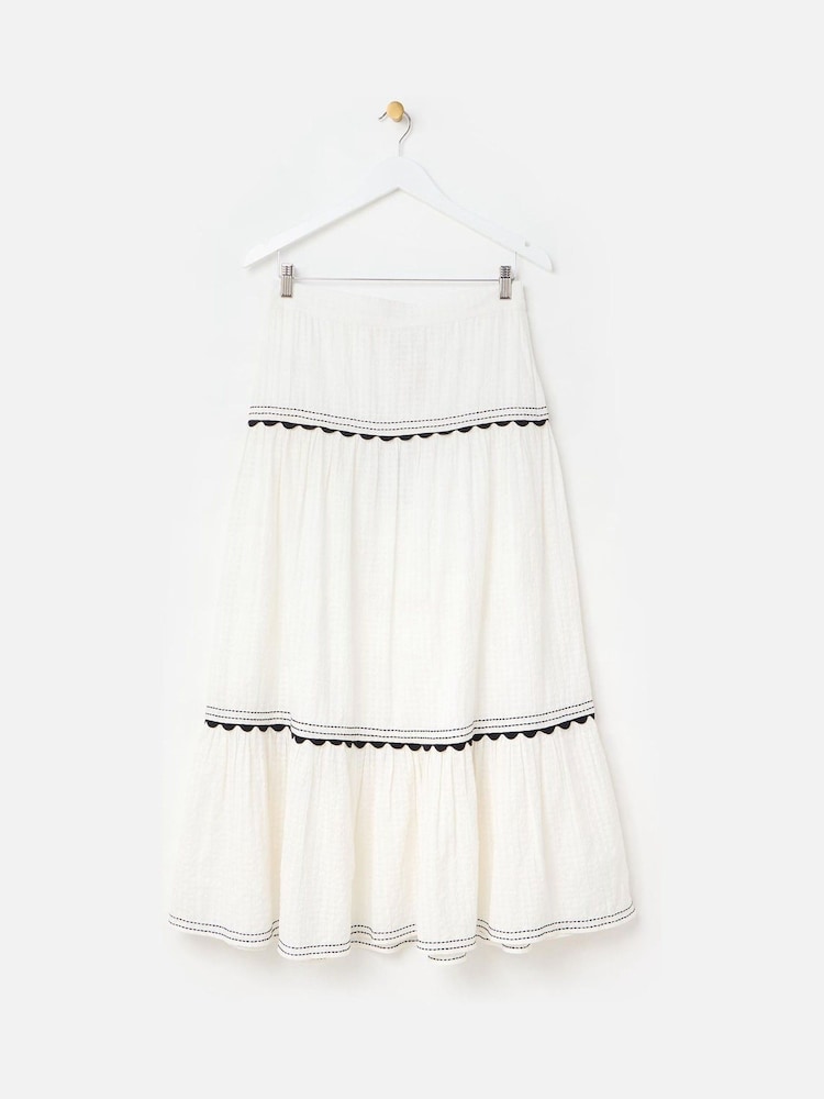 Oliver Bonas White 100% Cotton Rickrack Tiered Midi Skirt - Image 1 of 5