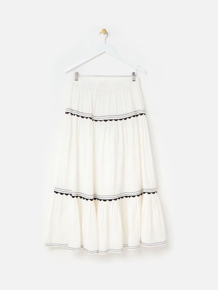 Oliver Bonas White 100% Cotton Rickrack Tiered Midi Skirt - Image 2 of 5