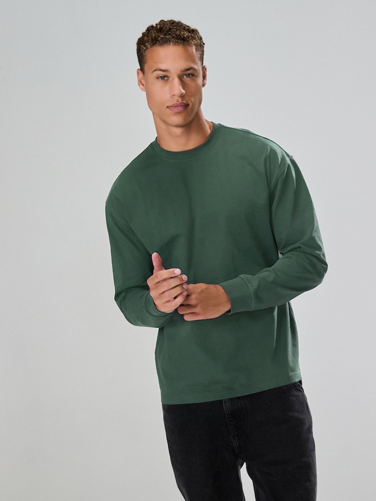 Green Long Sleeve Relaxed Fit Heavyweight T-Shirt - Image 2 of 7 Green Long Sleeve Relaxed Fit Heavyweight T-Shirt - Image 2 of 7