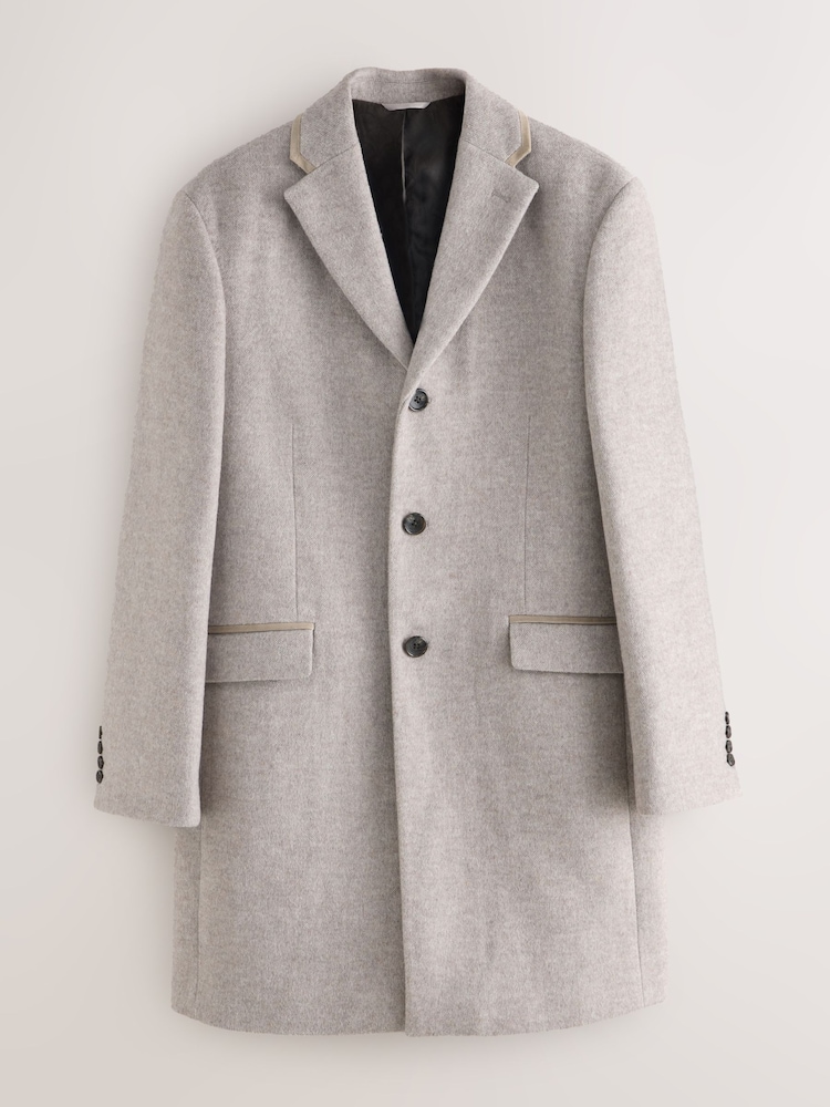 Neutral Wool Blend Herringbone Epsom With Velvet Trim Coat - Image 1 of 6